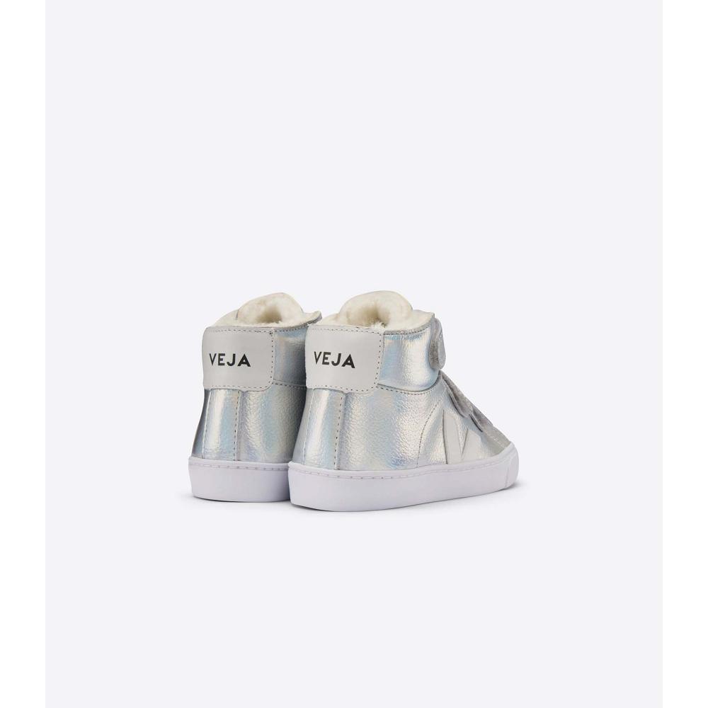 Silver/White Kids' Veja ESPLAR MID FURED LEATHER High Tops | AU 693CTV